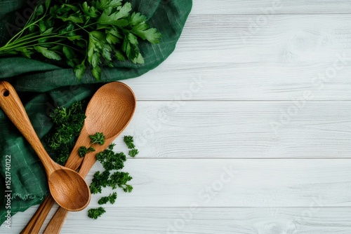 Natural Wooden Kitchen Utensils Arranged on a White Surface With Fresh Herbs ...
