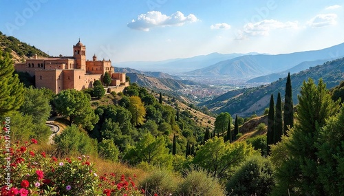 Sun-drenched landscape of rolling hills, ancient Moorish architecture, and vibrant gardens in Granada, Andalusia, Spain A postcard-perfect image of Southern Spain's beauty , stunning, heritage