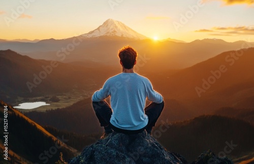 Serene Sunset View From Mountain Peak With Person Meditating in Front of Maje...