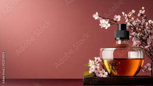 Elegant Glass Bottle of Perfume With Cherry Blossom Branches Displayed on Woo...