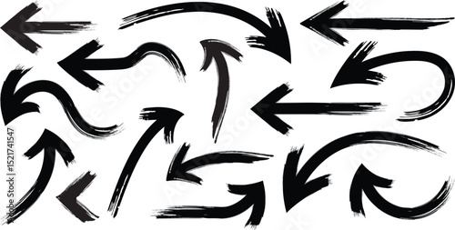 Bold hand-drawn arrows silhouettes in various styles with strong brush strokes, Vector Black various directions arrow shapes
