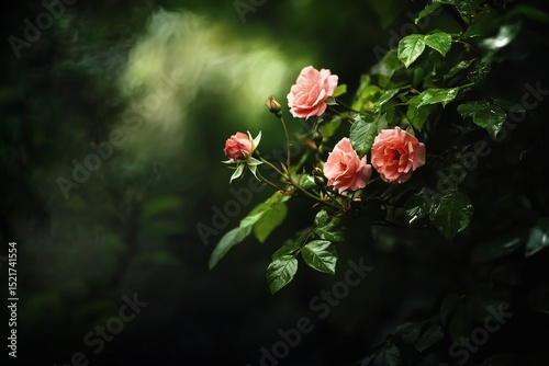 Enchanting Pink Roses Bloom Gracefully in a Lush Green Garden During Early Mo...