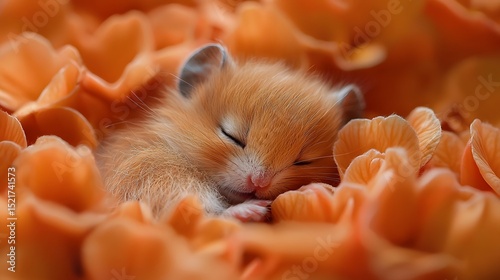 A sleeping dormouse nestled in a bed of soft orange flowers