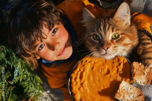 Boy Enjoys Time With Pet Cat While Sharing Pumpkin Puree in Cozy Setting