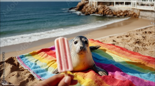 Seal is laying on a colorful beach towel next to a popsicle. The popsicle is being held by a person, who is likely enjoying the beach and the company of the seal. The scene is lighthearted