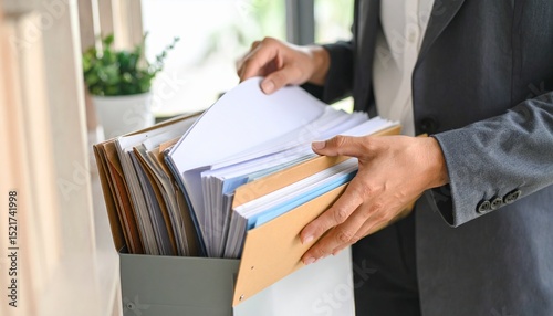 A scene where documents are organized in files and the person checks the files to find documents