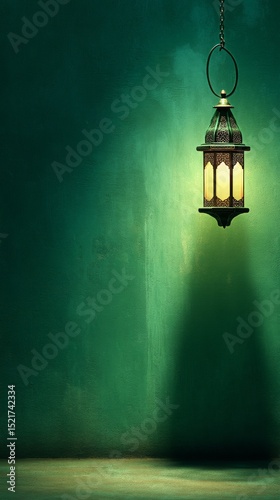Soft Glow of an Ornate Lantern Illuminating a Textured Green Wall During Evening