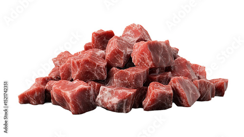 Pile of cubed raw meat on a black backdrop on transparent background