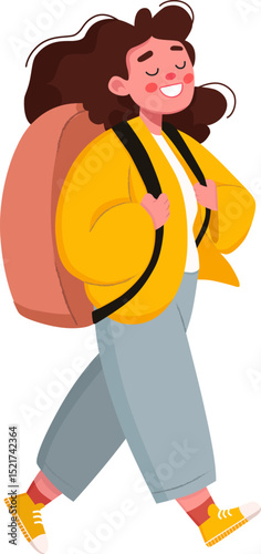 School girl walking home urban area cartoon illustration joyful mood