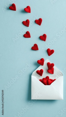 Heart-shaped Decorations Spilling From an Envelope on a Light Blue Background...