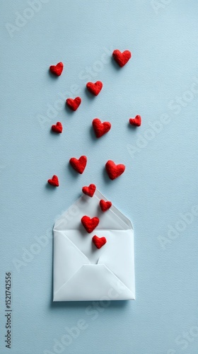 Red Hearts Spilling out of an Open Envelope on a Light Blue Background