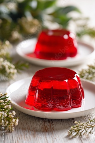 Bright Red Jelly Dessert Served on White Plates With Greenery in the Background
