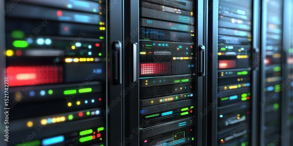 Rows of illuminated server racks in a modern data center, featuring colorful indicator lights and sleek black cabinets. Rows of illuminated server racks in a modern data center, featuring colorful indicator lights and sleek black cabinets.
