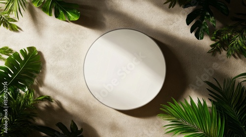 Circular White Object Surrounded by Lush Green Leaves on a Textured Backgroun...