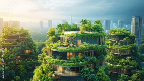 Urban Futuristic Sustainability, Modern Buildings Integrated with Vertical Garden, Ecological Concept