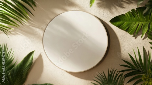 Round Mirror Surrounded by Lush Green Plants in a Bright, Natural Setting.