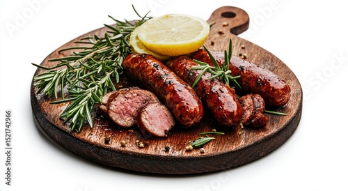 Grilled Sausages With Fresh Herbs and Lemon on a Wooden Cutting Board