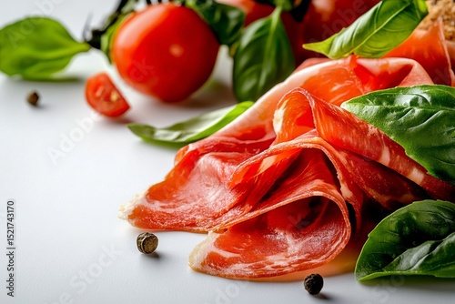 Freshly Sliced Prosciutto With Basil and Tomatoes Arranged on a White Table