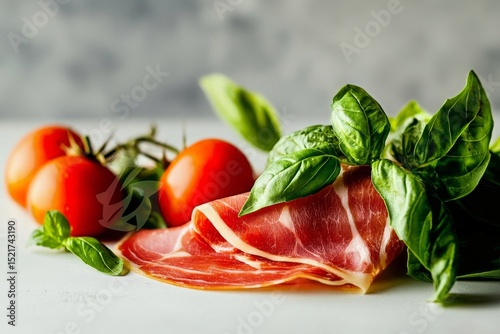 Fresh Ingredients on Table With Tomatoes, Basil, and Sliced Meat in Bright Na...