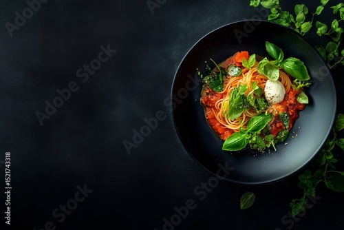 Delicious Spaghetti With Meat Sauce and Fresh Basil Served in an Elegant Blac...