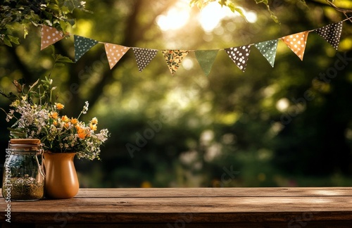 Wooden Table Set in a Lush Garden With Festive Bunting Decorating the Area Du...