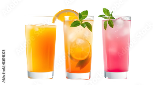 Photorealistic summer drinks trio in transparent glasses with vibrant colors, candlelight glow, condensation details, sharp focus, isolated on transparent background

