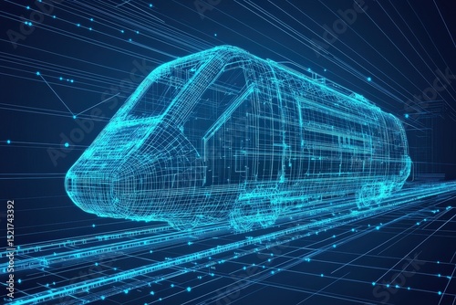 System Design Implementation Concept. 3D wireframe model of a futuristic train on digital tracks.