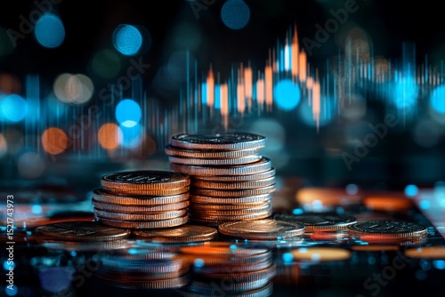 Financial Growth With Stacked Coins and Market Indicators Displayed in the Ba...
