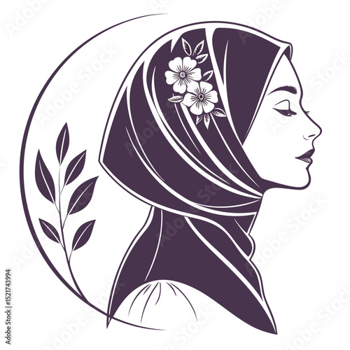 Hijab Woman Profile Silhouette with Flowers and Circular Design