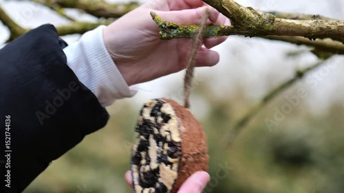 Bird feeders on a tree branch close-up.Hands hanging a bird feeder.Feeding birds in the cold season. 4k footage