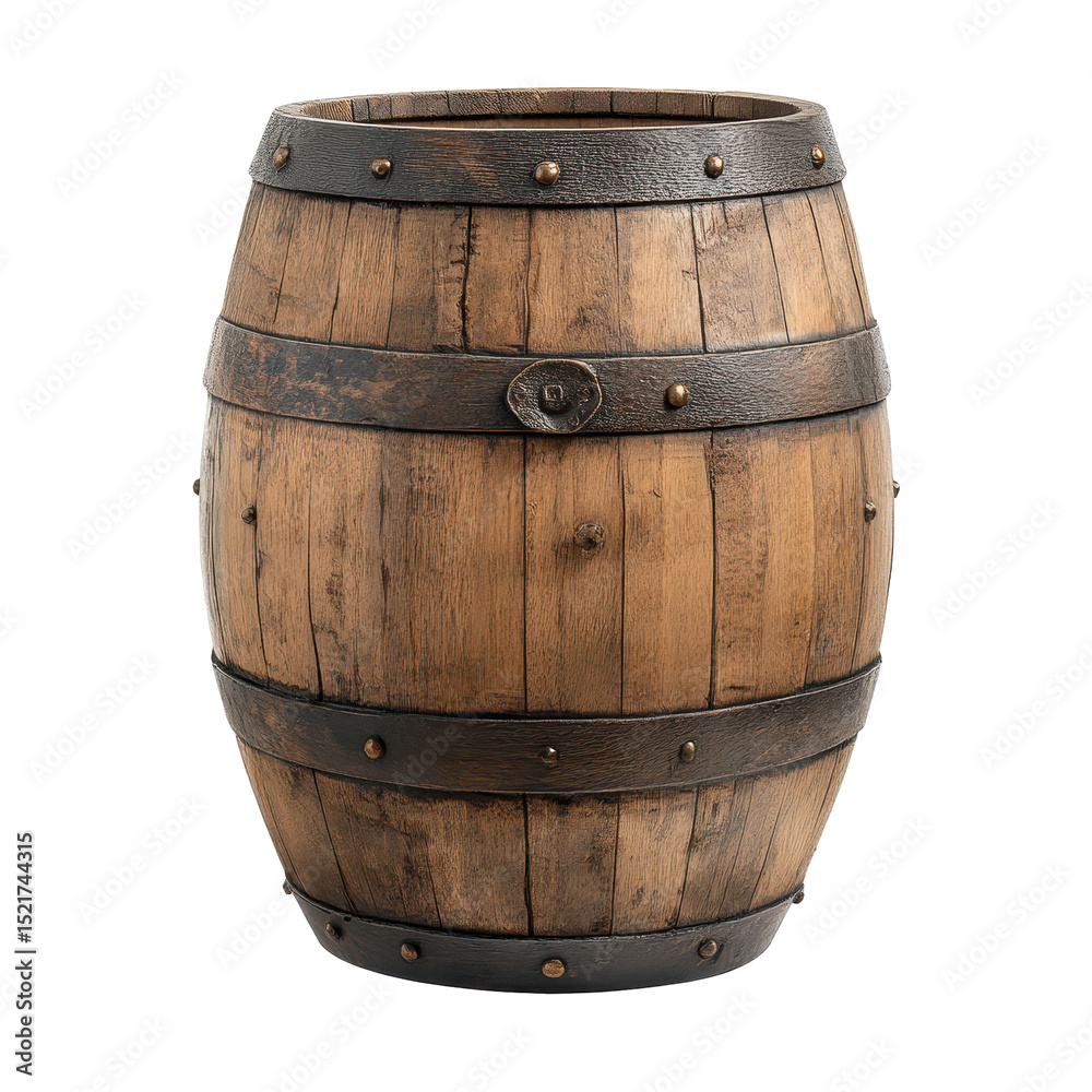 Fototapeta premium Wooden barrel with metal bands suitable for storage and decoration in rustic settings