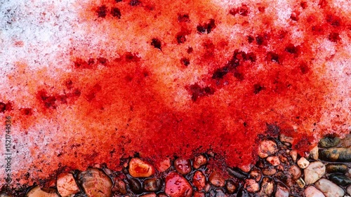 Red Blood on Snowy Ground.Textured Red Snow.Blood dripping onto snow and pebbles. 4k footage