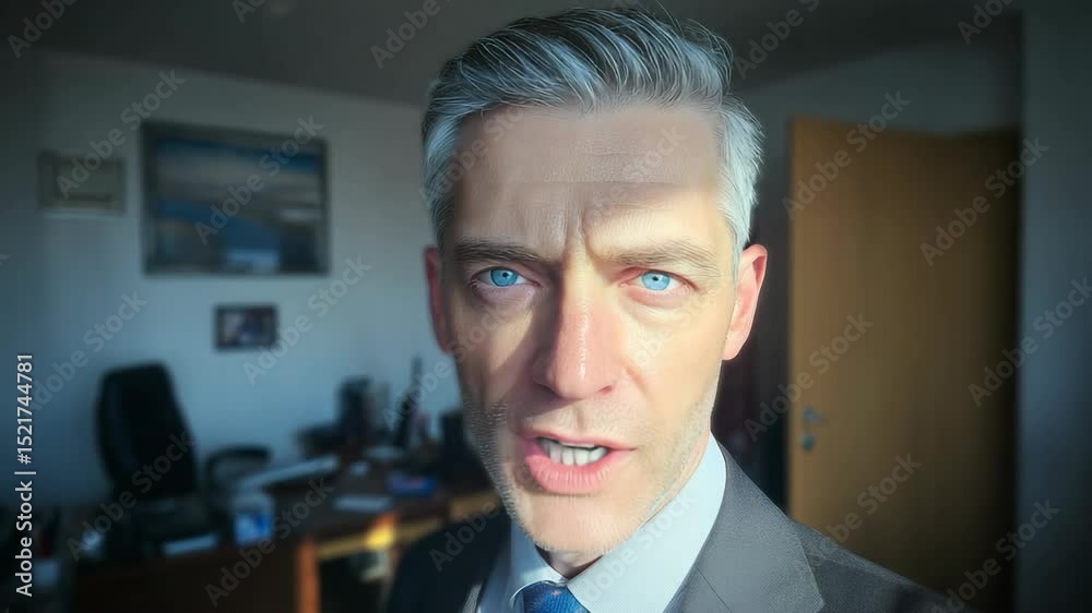 handsome middle age Caucasian man talking to camera at office handsome middle age Caucasian man talking to camera at office