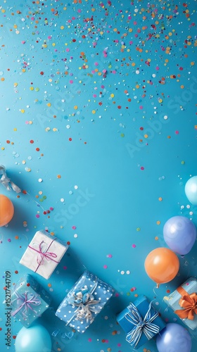 Colorful Party Decorations With Balloons, Gifts, and Confetti Creating a Fest...