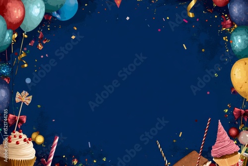 Colorful Celebration Background With Balloons, Cupcakes, and Confetti for Fes...