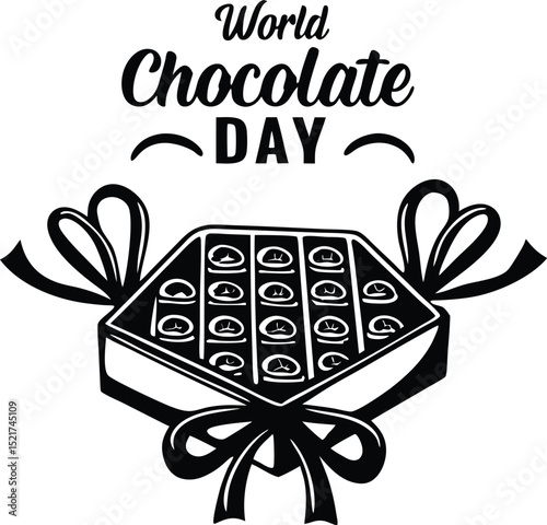 World chocolate day graphic featuring a box of chocolates and festive ribbon bows in a black and white design ideal for celebration