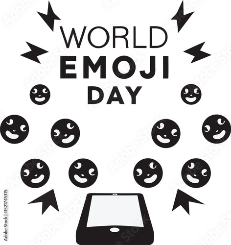 World emoji day celebration with smiling emojis and smartphone illustration in black and white design for social media announcements