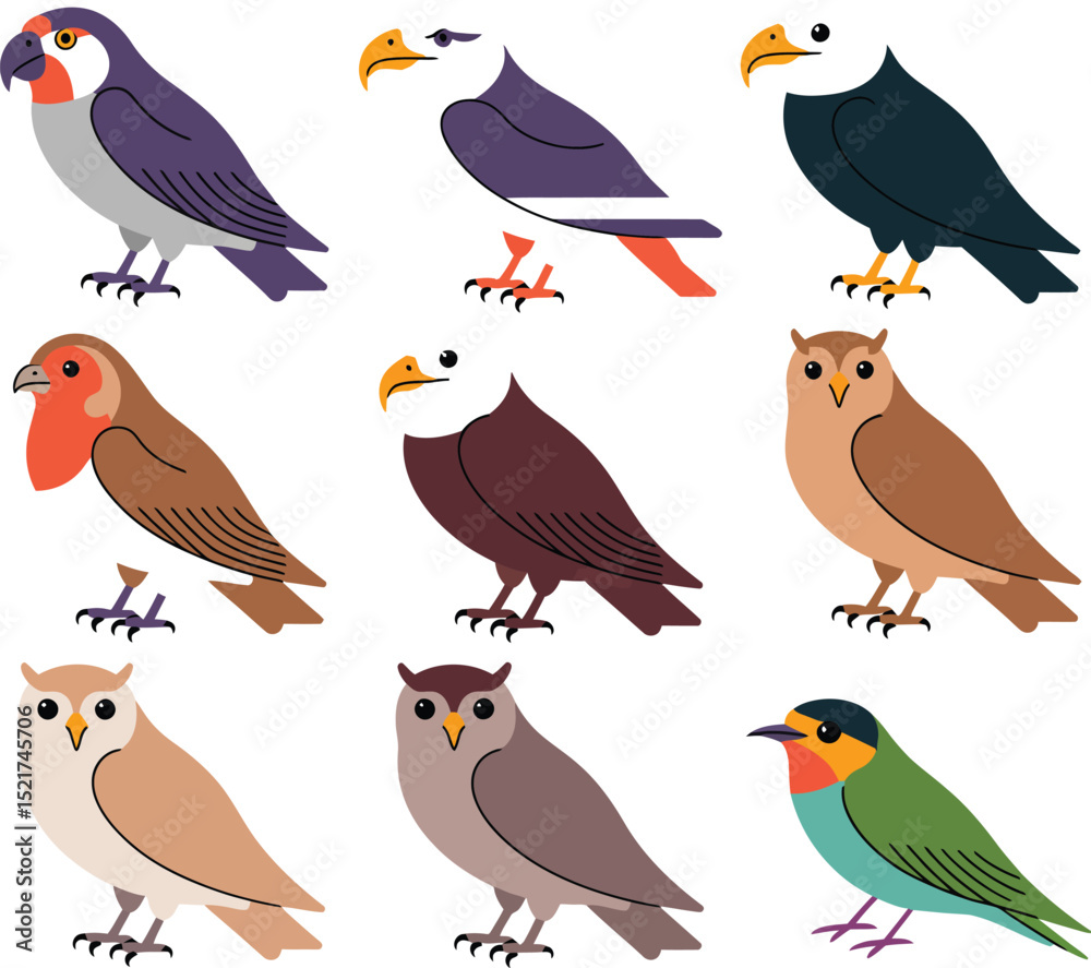 Fototapeta premium A collection of nine stylized bird illustrations, including eagles, owls, and other colorful birds.