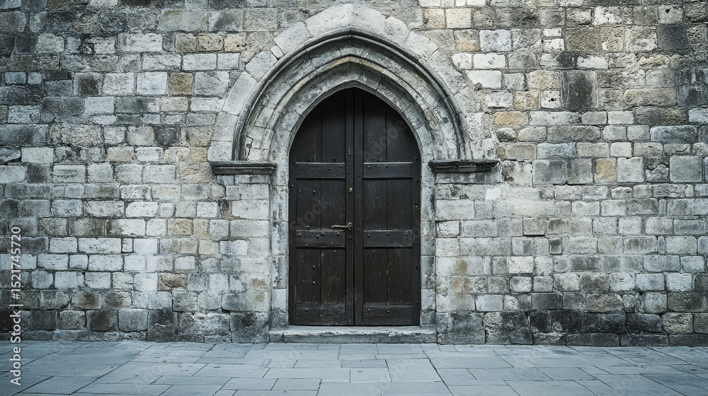 Fototapeta premium Detailed frontal shot of a historic doorway framed by a stone arch and wall, all set against a plain white backdrop