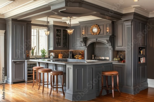 Elegant dark gray kitchen with island and bar stools
