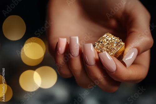 Elegant Nails Showcasing a Golden Gem Spark Amidst a Blurred Background of So...