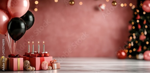 Festive Birthday Celebration With Balloons, Gifts, and a Christmas Tree in a ...