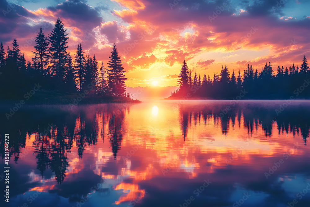 Obraz premium Vibrant Sunrise Reflected in Still Lake Waters Surrounded by Silhouetted Evergreen Trees.