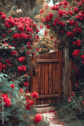 Charming Wooden Gate Surrounded by Vibrant Red Roses in a Serene Garden Setting