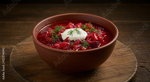 Bowl of Red Borscht with Sour Cream and Dill