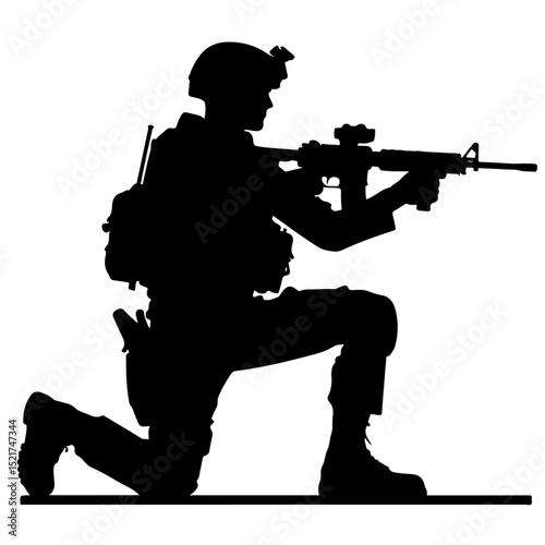 Soldier Aiming Rifle Silhouette for Military and Combat Design