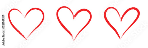 Set of three hand drawn red ink heart outlines on transparent background, minimalist sketch love symbols, romantic doodle clipart for Valentine’s Day, wedding decor, crafts, and digital art