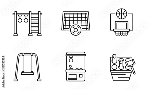 Set of Kids Activities icon, Monkey Bars, Claw Machine, Soccer and Basketball, Swing Symbol Outline icon, Editable Stroke