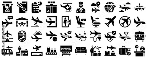 Air travel essentials vector icons set with various travel symbols