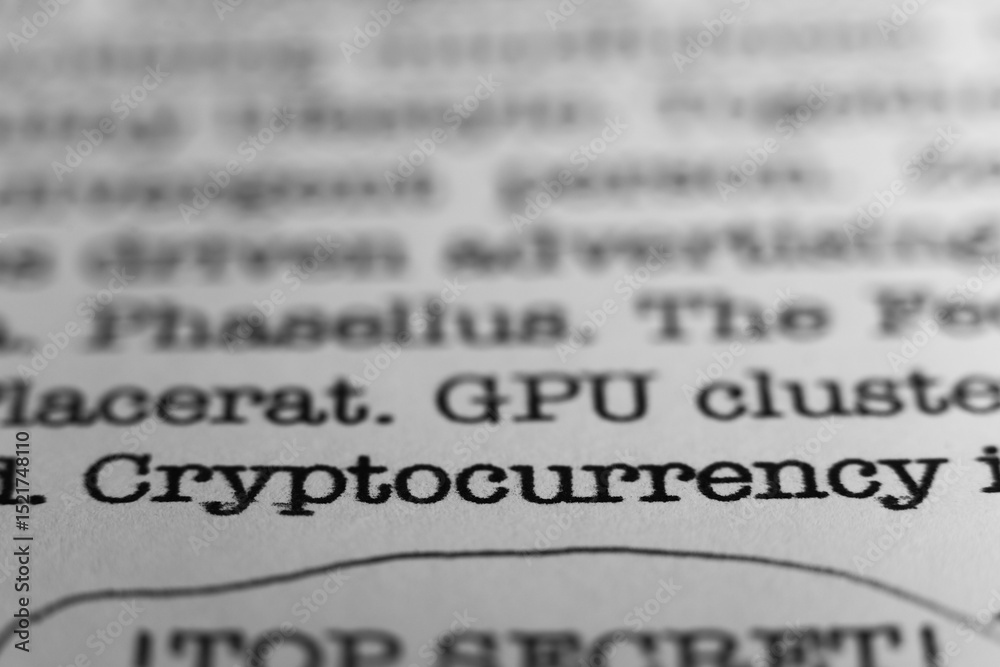Fototapeta premium Cryptocurrency. Text printed on a page. A piece of paper with a phrase written in retro typewriter font